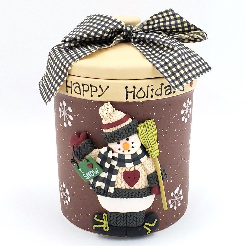 Vintage Porcelain “Happy Holidays” Snowman Goody Jar w/ Lid – NEW